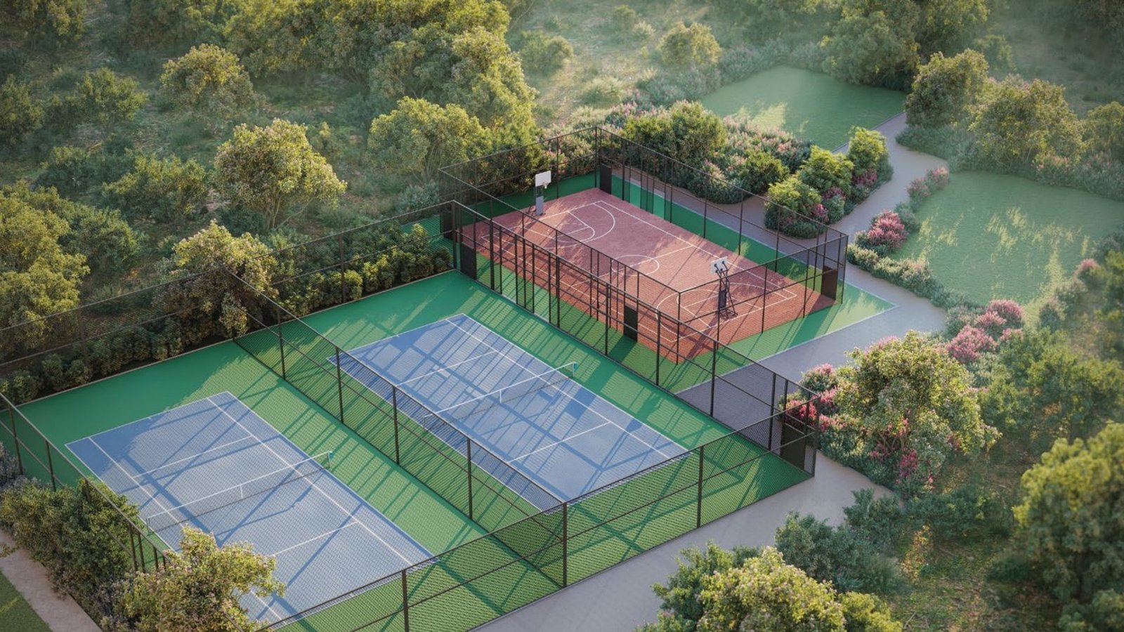Tennis and basketball courts nestled in landscaped greenery