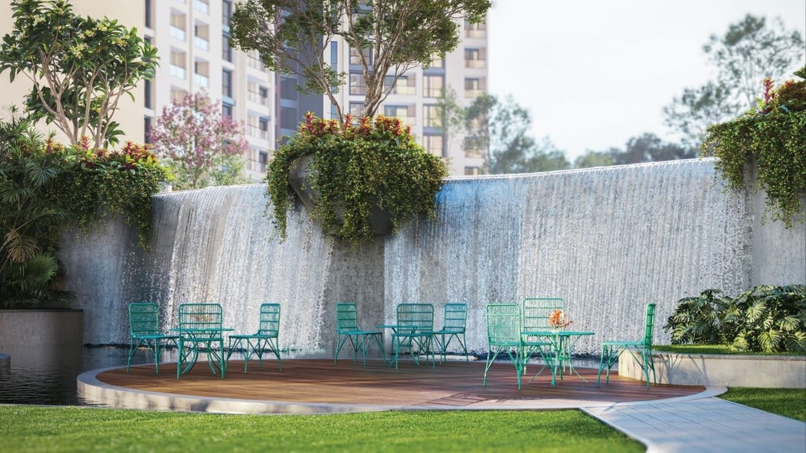 Water garden and outdoor lounge at SOBHA One World